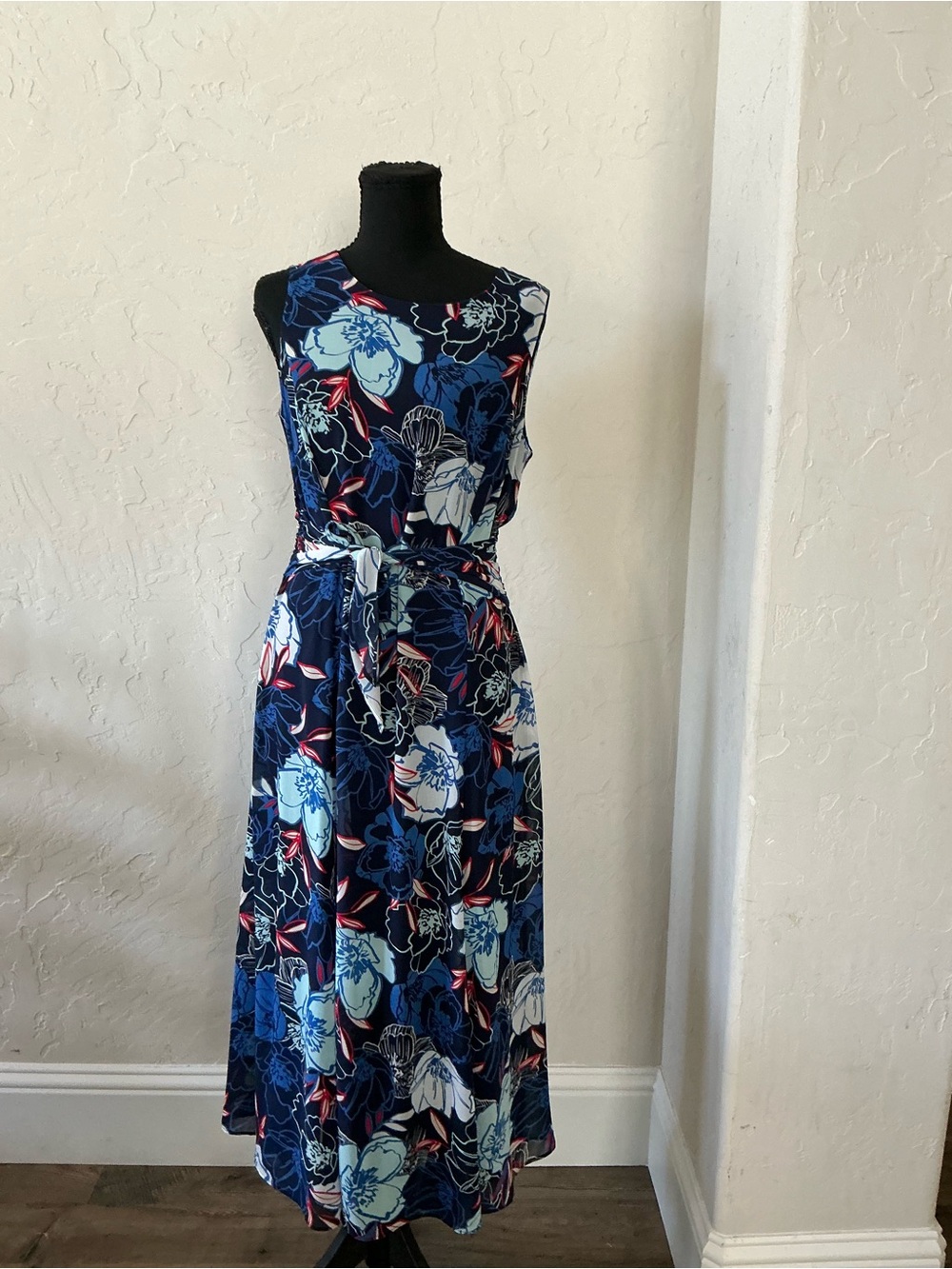 Kasper Navy Floral Maxi Dress with Tie Belt
